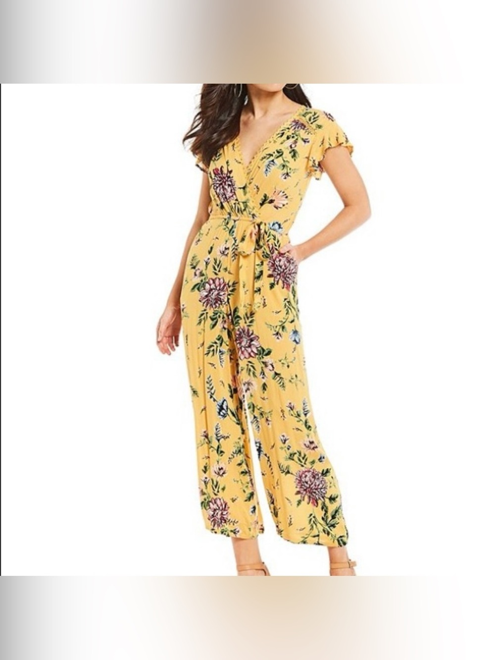 ANGIE | Mustard Yellow Floral Prints with Crochet Trim Waist Tie Jumpsuit